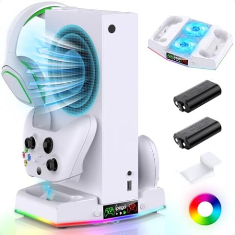 FYOUNG Vertical Charger Stand & Cooling Station for Xbox Series S, Upgrade Controller Charging Dock with 15 RGB Light, Cooler Fan System, 2X 1400mAh Rechargeable Battery, Headset Holder (White)