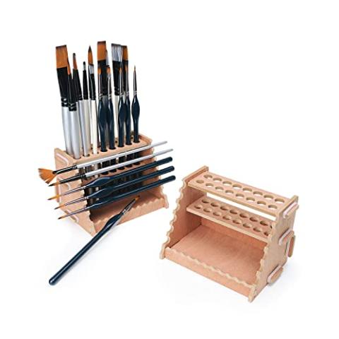 tinctor Wooden Paint Brush Holder for 44 Brushes - Desk Stand Paintbrush Organizer, Holding Rack for Pens, Paint Brushes, Colored Pencils, Markers