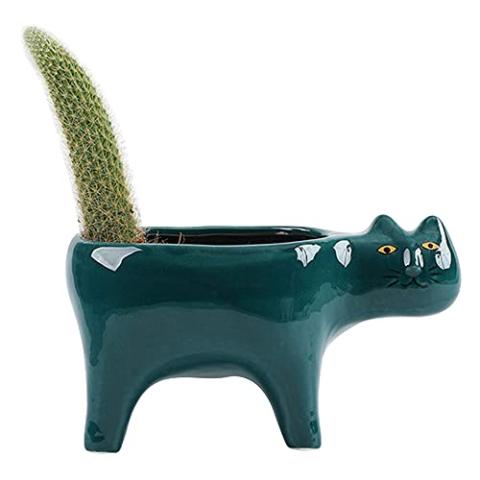 DIYOMR Cat Planter Animal Succulent Pots, Ceramic Cat Mini Flower Pots Cactus/Plants Containers for Home Office Desk Windowsill Decor, Plants Not Included (Dark Green)