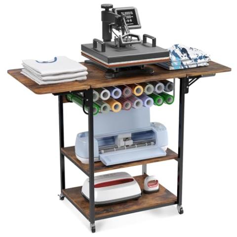 𝐂𝐫𝐚𝐟𝐢𝐭 3 Tier Movable Heat Press Table, Foldable Heat Transfer Machine Stand with Vinyl Roll Holder, Heavy Duty Rolling Metal Workbench for DIY Sublimation Transfer Machine and Printer