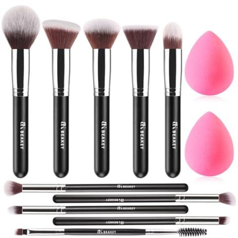 BEAKEY Makeup Brushes Set, Professional Foundation Eyeshadow Concealer Blush Powder Bronzer Applicator, 2 Blender Sponge wit Beauty Paper Case, Gifts for Women Christmas Stocking Stuffers for Adults