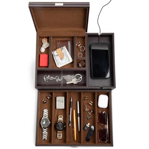 Mens Watch Box Leather Valet Tray - Bedside Table Organizer, Men's Jewelry Box, Watch Case for Men with Large Smartphone Charging Station - Jewelry Box for Men with Valet Box and Nightstand Organizer