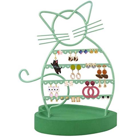 ERYTLLY Earring Holder Organizer, Cat Shaped Earring Organizer Stand With Wood Base Necklace Holder Organizer-47 Stud Earrings Holes Bracelet Holder (Mint Green)