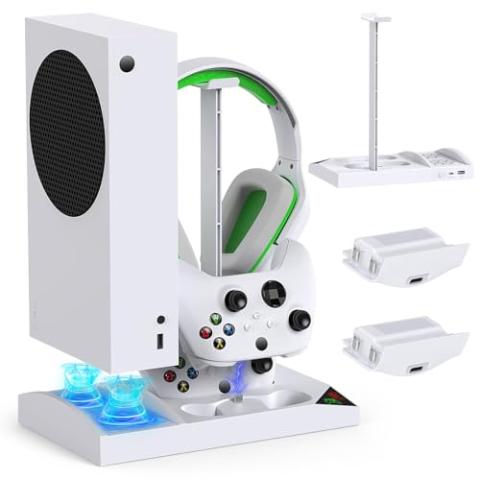 Cooling Fan with Charging Stand for Xbox Series S Console and Controller, Dual Charger Dock Accessories with 2 x 1400mAh Rechargeable Battery and Cover, Headphone Mount for Xbox Series S, White