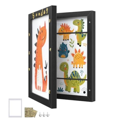 SONGMICS Kids Artwork Frame Changeable, A4, 8.5x11 Art Picture Frame Display for Room Decor, Each Storage up to 150 Drawings, with Mat, Stickers, Non-Trace Nails, MDF, Glass, Ash Black