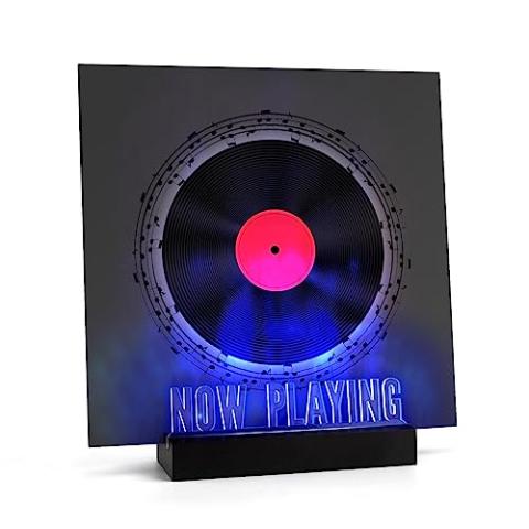 Woodoulogy Now Playing Vinyl Record Stand,Light Up Wooden Album Display Holder with Acrylic Sign, Multi Color LED Now Spinning Hip Hop Record Wood Rack,LP Record Player Accessories Gift