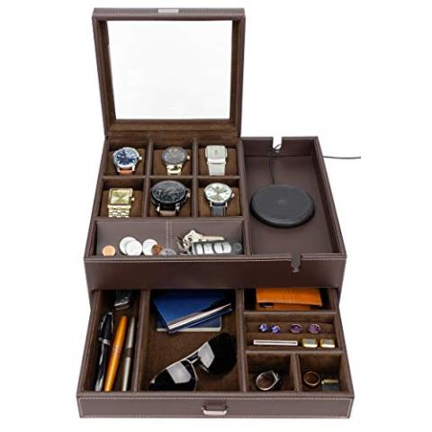 HOUNDSBAY Watch Box for Men & Mens Jewelry Box Organizer - Watch Box Organizer for Men - Watch Display Case - Valet Tray & Watch Holder Organizer for Men - Nightstand Organizer & Watch Stand