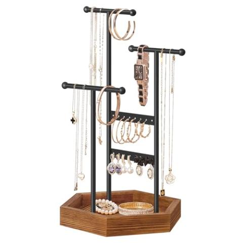 SONGMICS Jewelry Holder, Jewelry Organizer, 4 Independent Zones, Jewelry Display Stand with Metal Frame, Necklace Earring Bracelet Holder, for Rings, Christmas Gift, Black and Caramel Brown UJJS03CB