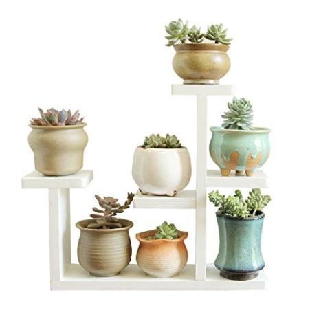 Exttlliy Wooden DIY Mini Tabletop Plant Stand Multi-Layer Concise Desktop Planter Holder for Home Office Decorative (White)