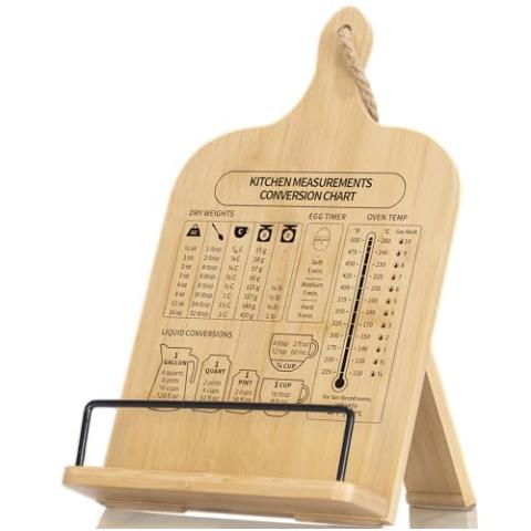 IKEDAS Bamboo Cookbook Stand, Sturdy Cook Book Holder, Recipe Book Holder with Measurement Conversion Chart, Cookbook Stand for Kitchen Counters, Essential Accessories for Holding Cookbooks