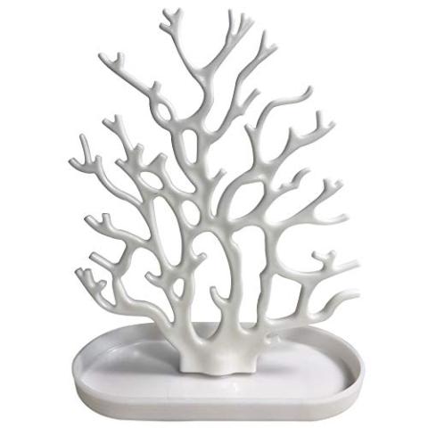 NewFerU Coral Tree Jewelry Hanging Stand Display Table Top Necklace Bracelet Holder Earring Hanger Organizer Rack Tower with a Ring Watch Dish Tray for Women Girls (White)