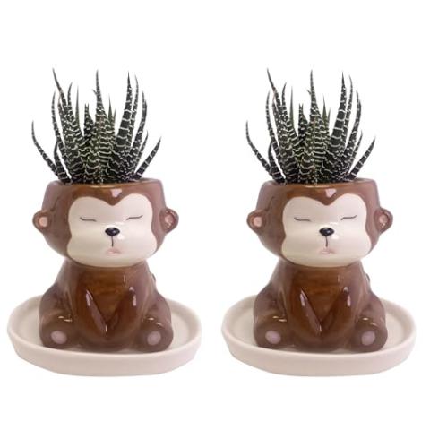 SWONVI Cute Animal Ceramics Planter Small Succulent Pot Cartoon Shaped Plant Pot for Mini Plants Flower Cactus, Smooth Shiny Ceramic - Plants Not Included (2 pcs Monkey)