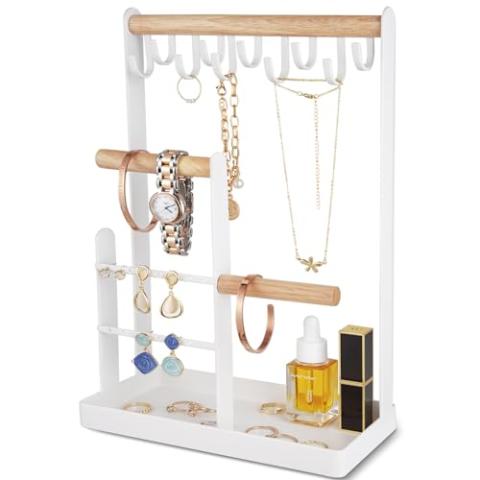 ProCase Jewelry Organizer Jewelry Stand Jewelry Holder Organizer, 4-Tier Necklace Organizer with Ring Tray, Small Cute Aesthetic Jewelry Tower Storage Rack Tree for Bracelets Earrings Rings -White