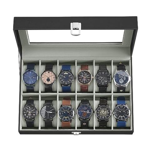 SONGMICS Watch Box, 12-Slot Watch Case with Large Glass Lid, Removable Watch Pillows, Watch Box Organizer, Christmas Gift , Black Synthetic Leather, Gray Lining UJWB12BK