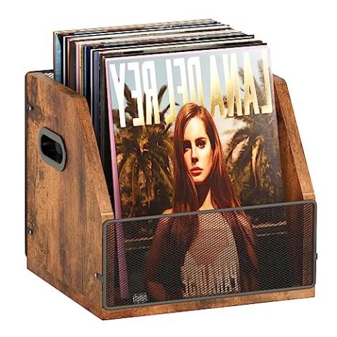 Homeiju Vinyl Record Storage, Vinyl Record Box Case Crate, Vinyl Record Album Holder, Desktop Metal & Wooden LP Record Crate, Holds up to 60 Records（Patent No.D1024563