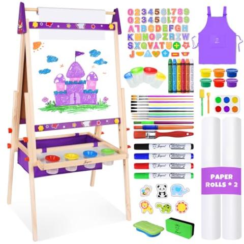 Joyooss Art Easel for Kids Easel for Toddlers, Adjustable Standing Wooden Toddler Easels Kids Board Whiteboard & Chalk Board Kids Dry Erase Board, Art Easel for Kids Age 2-4 4-8 9-12 Drawing Easels