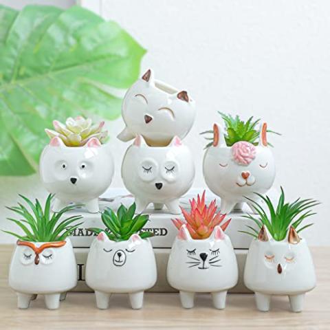 ARTKETTY 8 Pcs Succulent Pots with Drainage, Small Cartoon Animal Planters Ceramic Planter Pot for Indoor Cactus Plants Mini Cute Flower Plant Container for Desk Windowsill Decoration