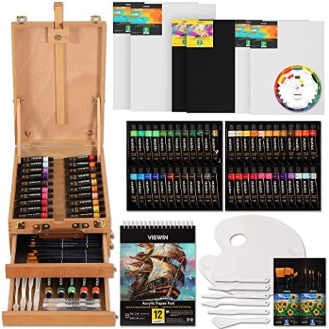 VISWIN Deluxe Acrylic Paint Set, 74 Pcs Complete Art Supplies with Tabletop Sketch Box Easel, 48 Colors Acrylic Paints, Canvas, Paint Brushes, Painting Kit for Adults, Art Set for Artists, Beginners