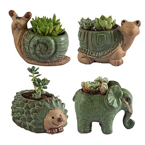 Small Succulent Pots with Drainage, Ceramic Animal Planter, Indoor Plant, Cute Cactus/Bonsai Flower Pots for Home Decor and Office Desk Decoration, A Set of 4 Pieces is Suitable as A Gift