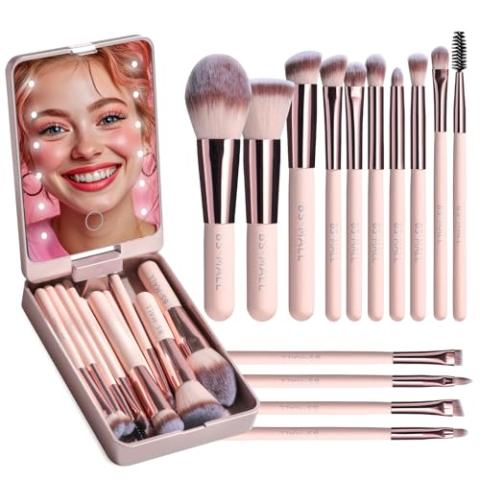 BS-MALL Travel Makeup Brush Set Foundation Powder Concealers Eye Shadows Makeup Set with LED light Mirror 14 Pcs Mini Makeup Brushes (APINK)