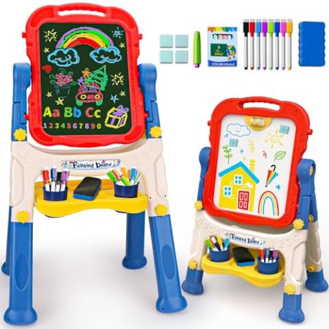 Kids Easel for Toddlers Age 2-4 Art Magnetic White Board & Chalkboard Double Side Adjustable Stand Drawing Writing with Flash Cards Learning Educational Toy for 2 3 4 Year Boys Girl Birthday Gifts