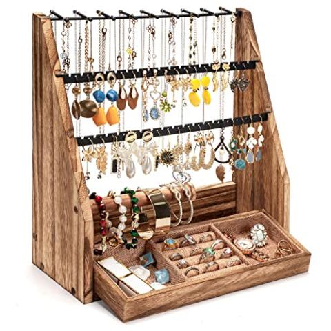 DGWJSU Jewelry Organizer Stand, 5 Layer Earring Holder Organizer with Necklace Holder, Rustic Wood Earring Organizer Display for Stud Earring Bracelet Necklace Ring, Watches