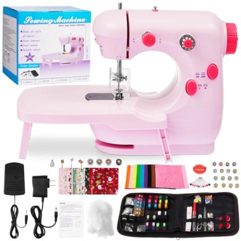 Gleamkid Portable Sewing Machine, Mini Sewing Machine for Beginners with 2 Speed Control, Extension Table, LED Light, Foot Pedal, DIY Home Sewing Kit with Accessories and Tools