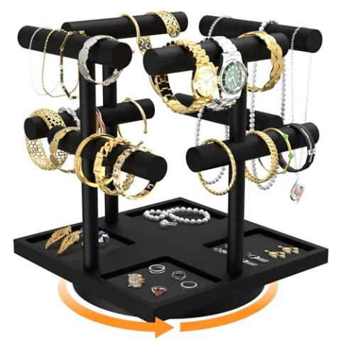 Alytree 2-Tier Rotating Bracelet Display Stand, Wooden Jewelry Bracelet Display Holder-4 Removable Holders, Bracelet Organizer for Bangles, Necklaces, Bracelets, Rings, Earrings and Watch, Black