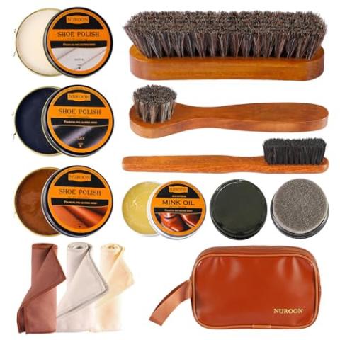 13Pcs Shoe Care Kit for Men & Women,3 Horsehair Shoe Polish Brush,Black Brown Neutral Mink Oil for Shoes,Care for Leather Boots, Shoe Cleaning Kit as Gift for Men with Shine Sponges & Care Cloth