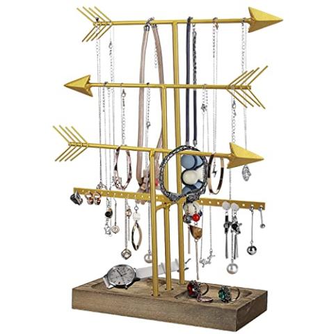 Urban Deco Arrow Jewelry Organizer Stand 4-Tier Gold Jewelry Stand Necklace Organizer With Wooden Ring Holder For Jewelry Display Bracelet Holder Stand Earring Organizer For Girls - Gold