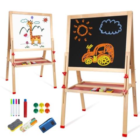 Wooden Art Easel for Kids,Adjustable Double Sided Painting Easel for Toddlers 3,4,5,6,7,8,9,10Years,Foldable Standing Kids Easel with Accessories, Perfect Painting Gifts for Kids Boys&Girls