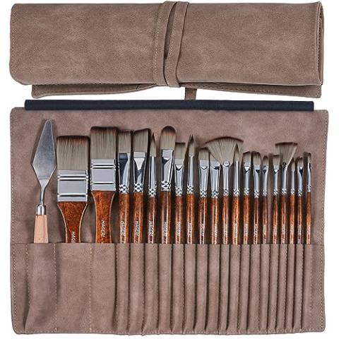 HAGERI 20 Pieces Paint Brushes, Expert Synthetic Nylon Bristles Paint Brush Kit with Palette Knife & Suede Leather Roll, Paint Brushes Set for Oil, Acrylic, Watercolor, Gouache and Detail Paintings