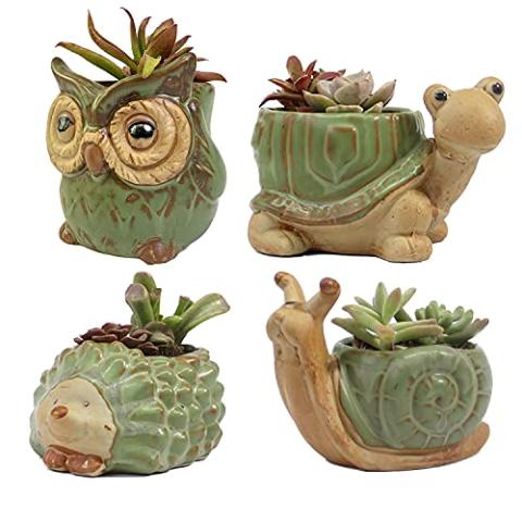 SUNSMIL Small Ceramic Succulent Pot with Drainage, Animal Succulent Planter, 4.4 Inch Flower Pots, for Flower, Cactus, Mini Succulent Plants, Indoor and Outdoor use, Set of 4 Garden Gift