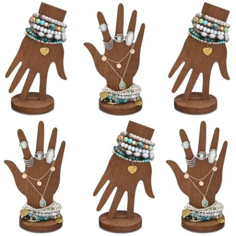 MOOCA 6 Pcs Set Real Wooden Hand Form Jewelry Display, 2-Way Design for Wall Hanging or Standalone Mannequin Finger Hand Display, Premium Real Wood Sturdy Base, Brown Color