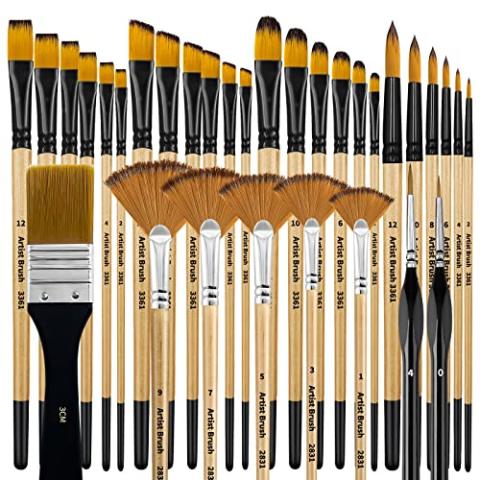 Bougimal 32 Pieces Paint Brush Set, Artist Series, Nylon Bristles with Round, Filbert, Flat, Fan, Angle, Detail Brush, Suitable for Artists and Beginners for Acrylic Painting, Oil, Watercolor, Gouache