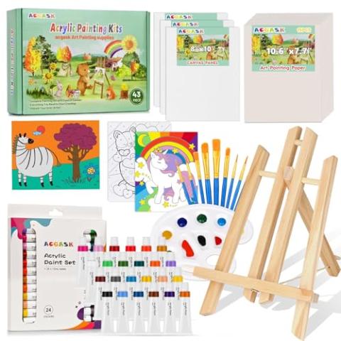 ACGASK 43 Pieces Acrylic Painting Kits for Kids,Non Toxic Arts Supplies and Paint Set for Kids with 6 Canvas Panels,24 Color Paints,15 Paper pad,Table Easels,10 Brushes Etc,Painting Kit Gift