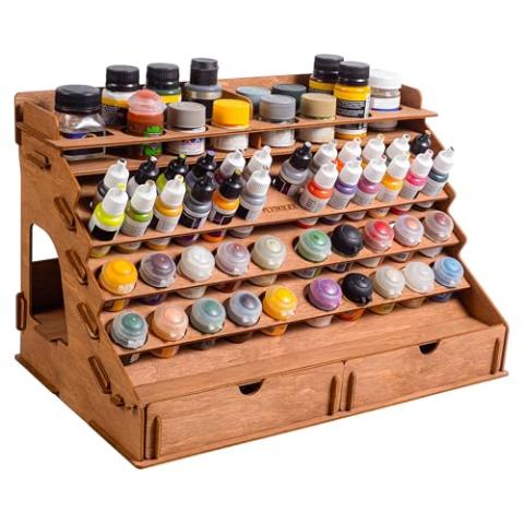 Plydolex Wooden Craft Paint Storage Rack with 58 Holes for Paint Bottles - Hand Craft Paint Holder Rack with 4 Miniature Stands and Removable Upper Shelf - Paint Organizer for Miniature Paint Set