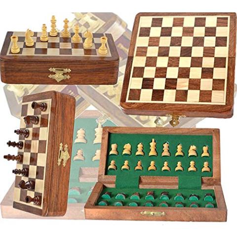 Chess Bazar - Magnetic Travel Pocket Chess Set - Staunton 7 X 7 Inch Folding Game Board Handmade in Fine Rosewood