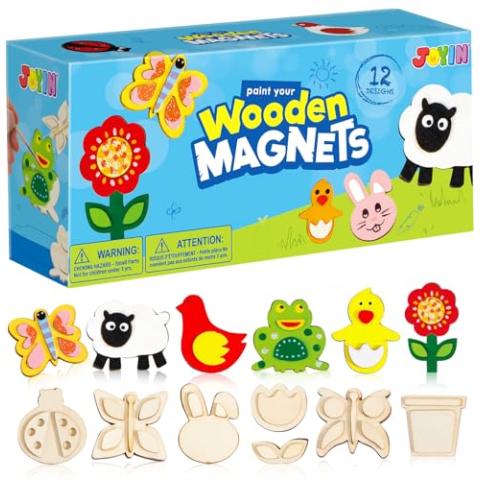 JOYIN 12 Wooden Magnet Creativity Arts & Crafts Painting Kit for Kids, Decorate Your Own Painting Gift for Easter Basket Stuffers, Birthday Parties and Family Crafts, Party Favors for Boys Girls