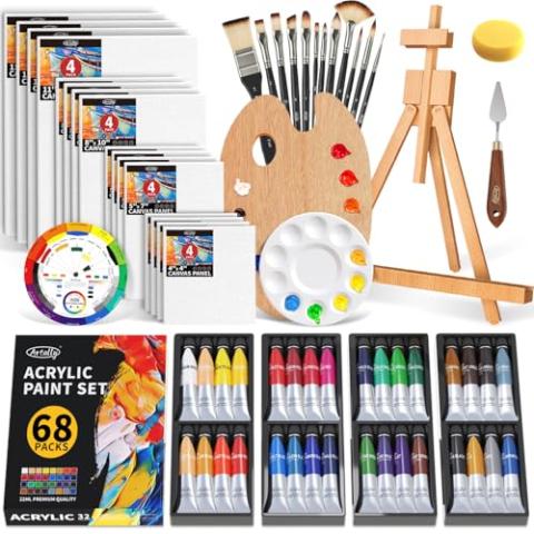 ARTALLY Acrylic Paint Set for Adults & Kids, 67 Pcs Canvas Painting Kits, 32 Colors Acrylic Paint (22ML),Table Easel,Brushes,Canvas, Art Painting Supplies Kit for Students,Artists,Beginners