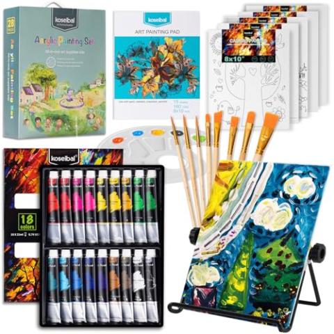 koseibal Acrylic Paint Set for Kids, Art Painting Supplies Kit with 18 Paints, 5 Canvas Panels, 8 Brushes, Table Easel, Etc, Premium Paint Set for Students, Artists and Beginner.