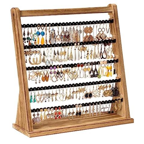 Poyilooo Earring Holder Organizer, Rustic Wood Earring Holder Stand, 5 Layer Jewelry Holder Organizer with 270 Earring Tree Holes Display Rack for Stud Earings & Hoop Earrings, Gifts for Women