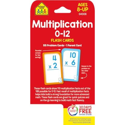 School Zone Multiplication 0-12 Flash Cards: 56 Math Cards, 3rd Grade, 4th Grade, Elementary Math, Multiplication Facts, Common Core, Ages 8+, Packaging May Vary