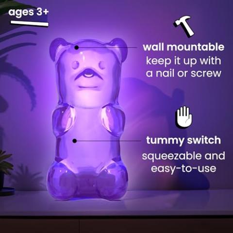 Gummygoods Squeezable Gummy Bear Night Light - Rechargeable, Portable, Squishy Lamp, 60-Min Sleep Timer - Ideal for Kids, Baby Nursery, Adults and Dorm Rooms - (Purple)