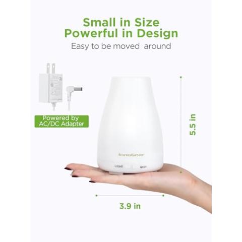 InnoGear Essential Oil Diffuser, Premium 5-in-1 Diffusers for Home Scent Aromatherapy Diffuser Air Desk Humidifier for Bedroom Large Room Office 7 Color LED 2 Mist Mode Waterless Auto Off, Basic White