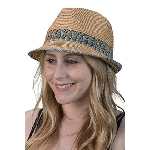 Funky Junque UPF50+ Womens Adjustable Multicolor Woven Pattern Short Brim Fedora Hat