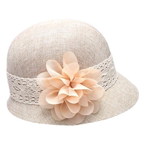 Women's Gatsby Linen Cloche Hat with Lace Band and Flower