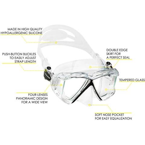 Cressi Panoramic Wide View Mask & Dry Snorkel Kit for Snorkeling, Scuba Diving - Pano 4 & Supernova Dry: Designed in Italy