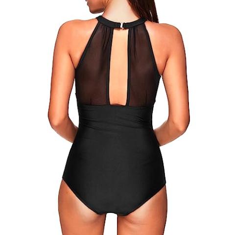 Tempt Me Women One Piece Swimsuit High Neck Plunge Ruched Tummy Control Bathing Suit