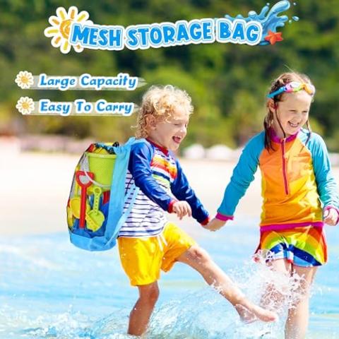 Beach Toys, 19 Piece Sand Toys Set Kids Sandbox Toys includes Water Wheel Beach Tool Kit Bucket Watering Can Molds sand Toys Mesh Bag for Travel, beach Toys for Kids Ages 3-13
